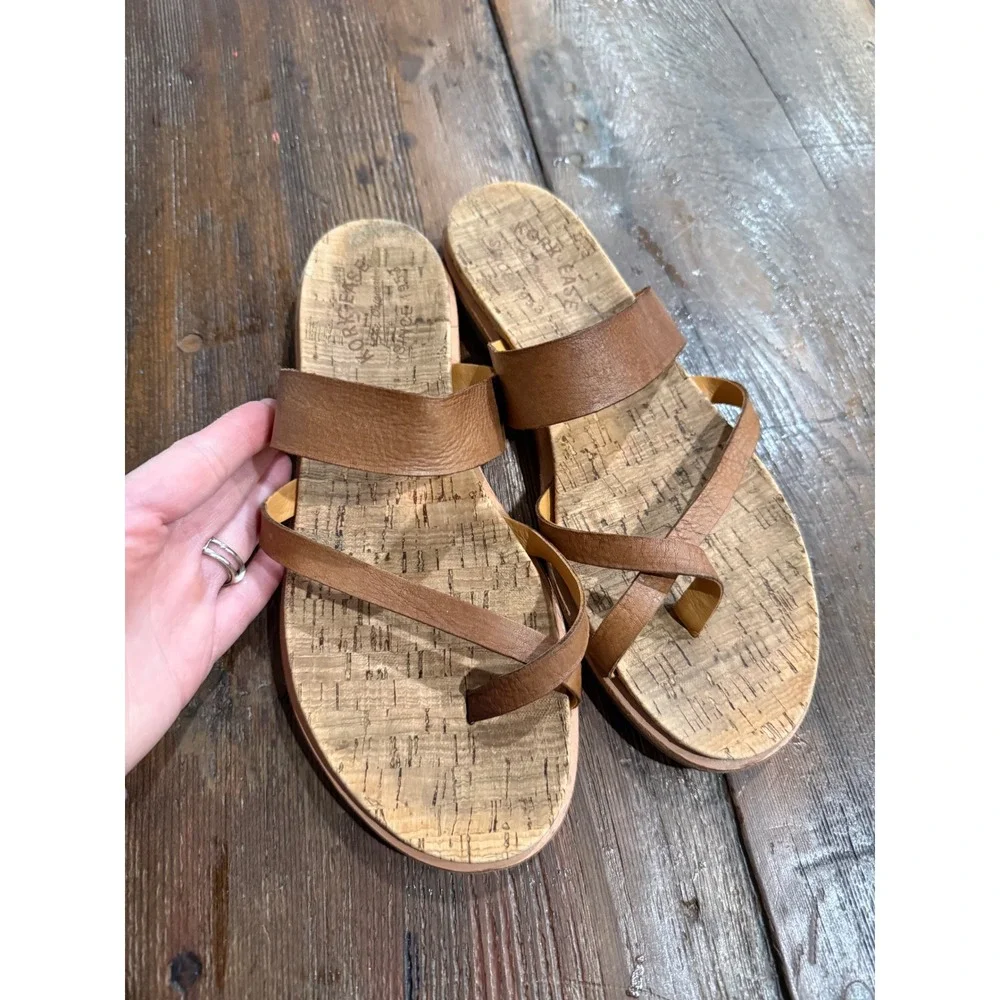 Kork-Ease Myrna Tan Brown Leather Toe Loop Cork Flat Sandals Womens Size 9M